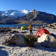 Alfred with our tents and the northern side of Pan de Azucar and Púlpito del Diablo